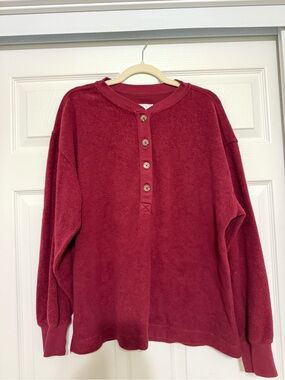 aerie Burgundy Button Henley Fleece Pullover